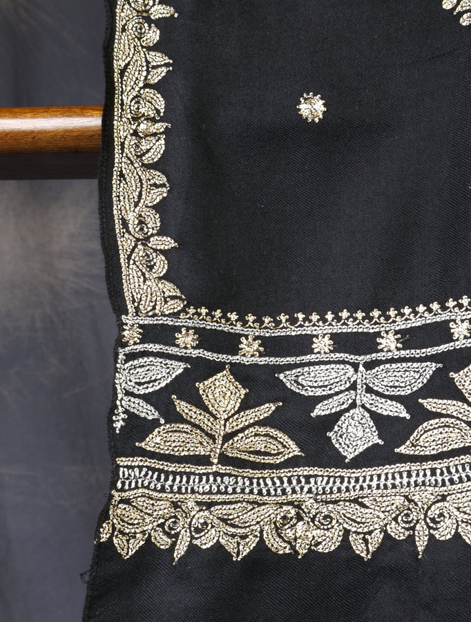 Black Base With Tilla Buteh Embroidery Pashmina Shawl