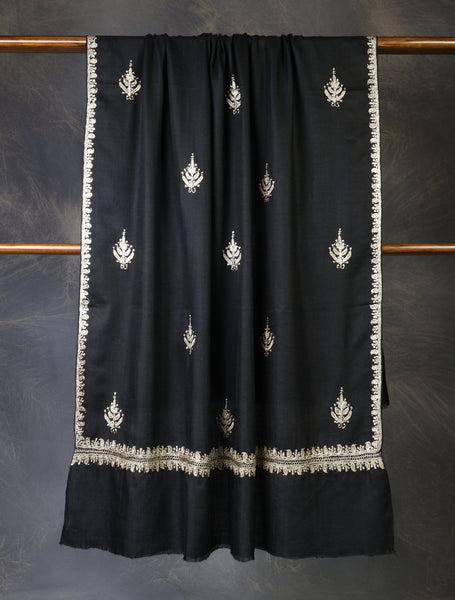 Black Base With Tilla Buteh Embroidery Pashmina Shawl
