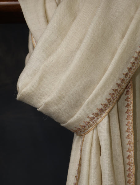 Ivory With Striped Motif Border Embroidery Cashmere Pashmina Scarf
