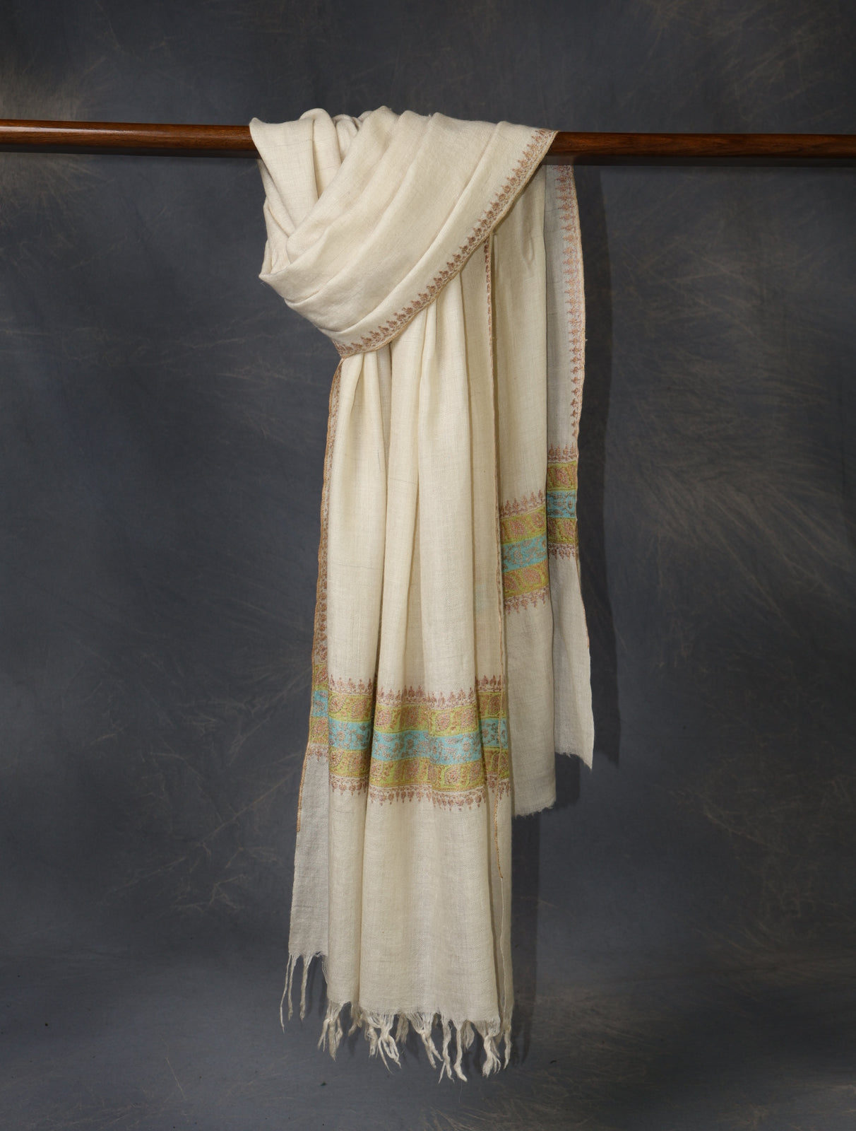 Ivory With Striped Motif Border Embroidery Cashmere Pashmina Scarf