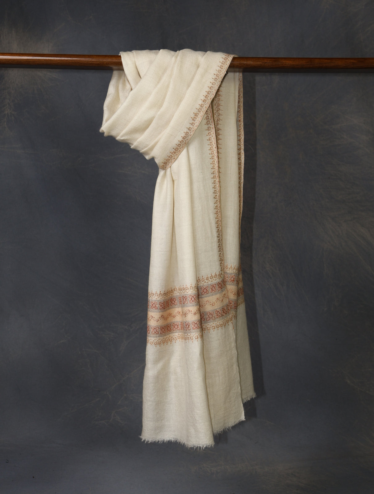 Ivory With Cream Striped And Motif Border Embroidery Cashmere Pashmina Scarf