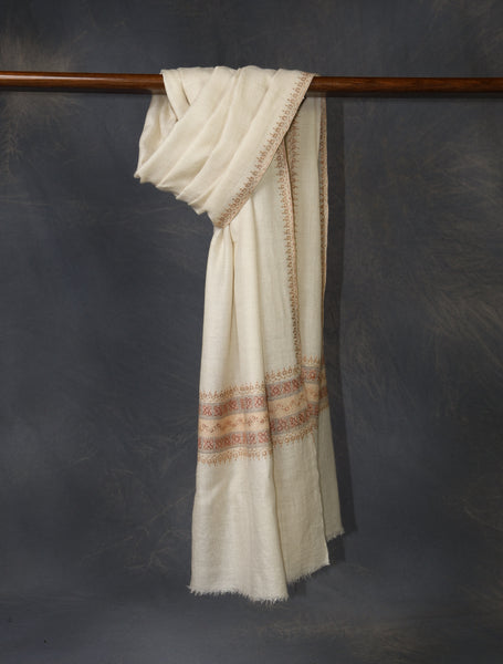 Ivory With Cream Striped And Motif Border Embroidery Cashmere Pashmina Scarf