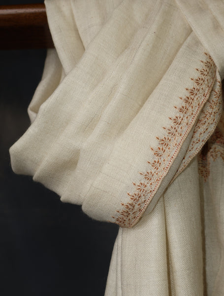 Ivory With Cream Striped And Motif Border Embroidery Cashmere Pashmina Scarf