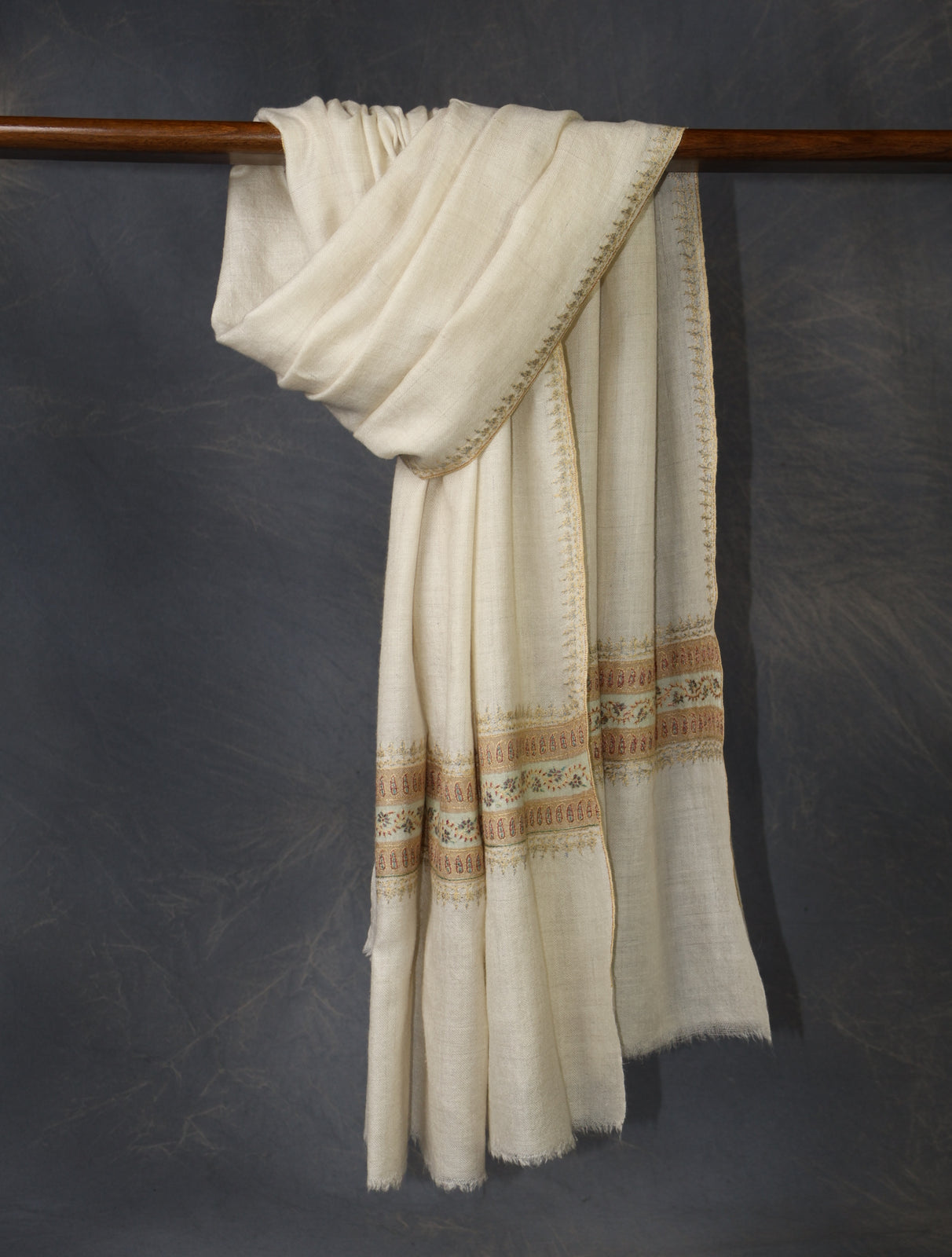 Ivory With Striped Motif Border Embroidery Cashmere Pashmina Scarf