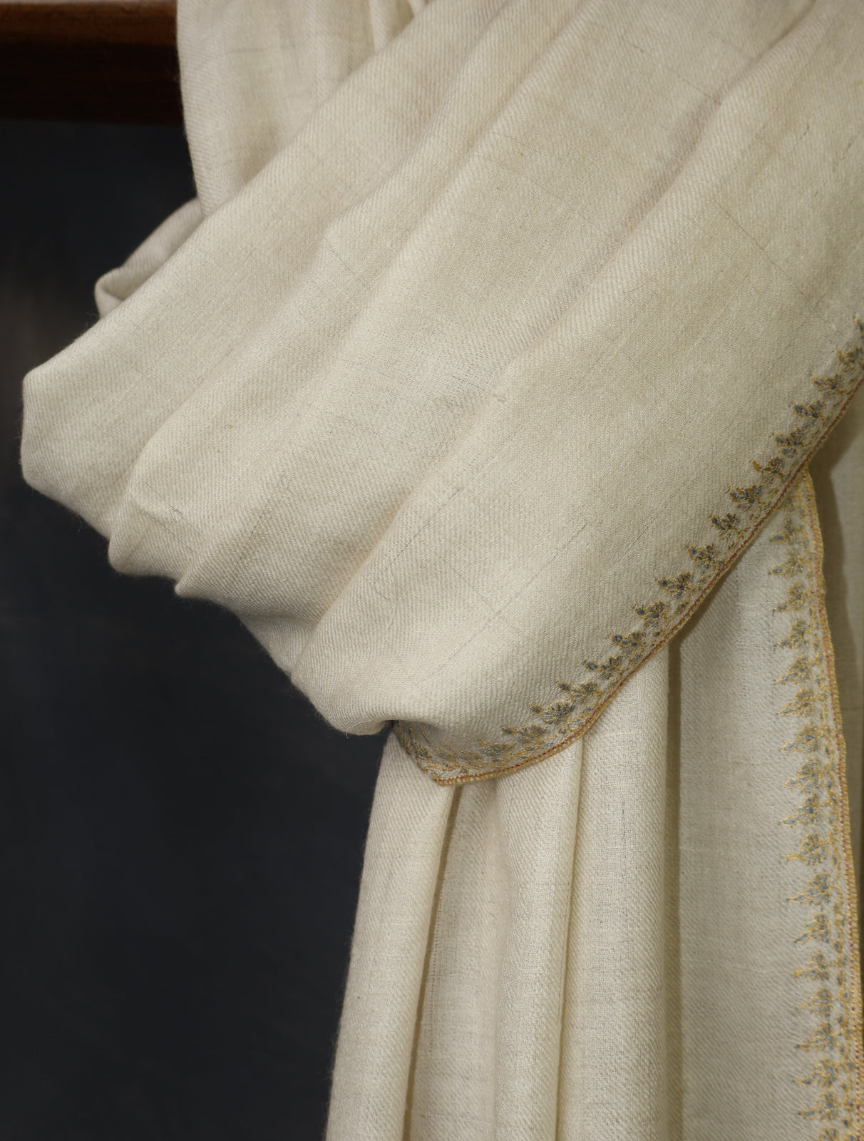 Ivory With Striped Motif Border Embroidery Cashmere Pashmina Scarf