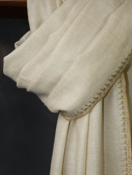 Ivory With Striped Motif Border Embroidery Cashmere Pashmina Scarf