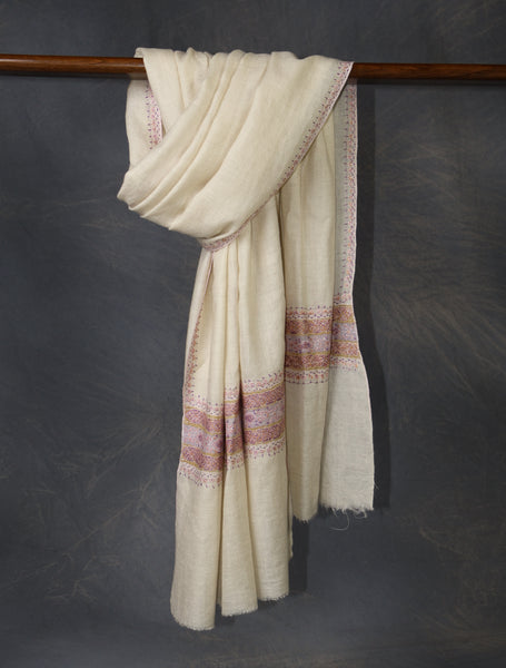 Ivory With Striped Motif Border Embroidery Cashmere Pashmina Scarf
