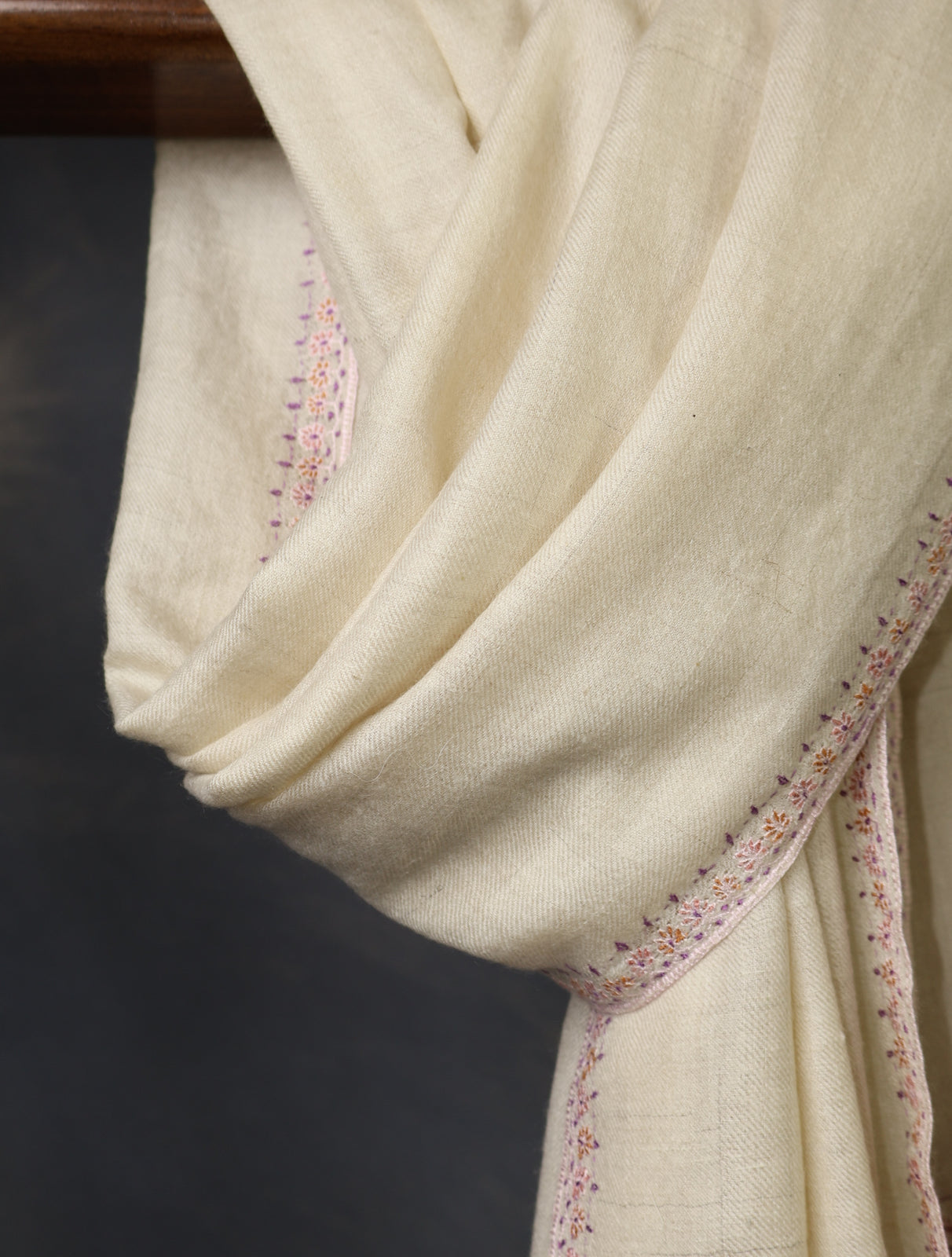 Ivory With Striped Motif Border Embroidery Cashmere Pashmina Scarf