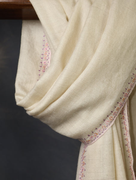 Ivory With Striped Motif Border Embroidery Cashmere Pashmina Scarf