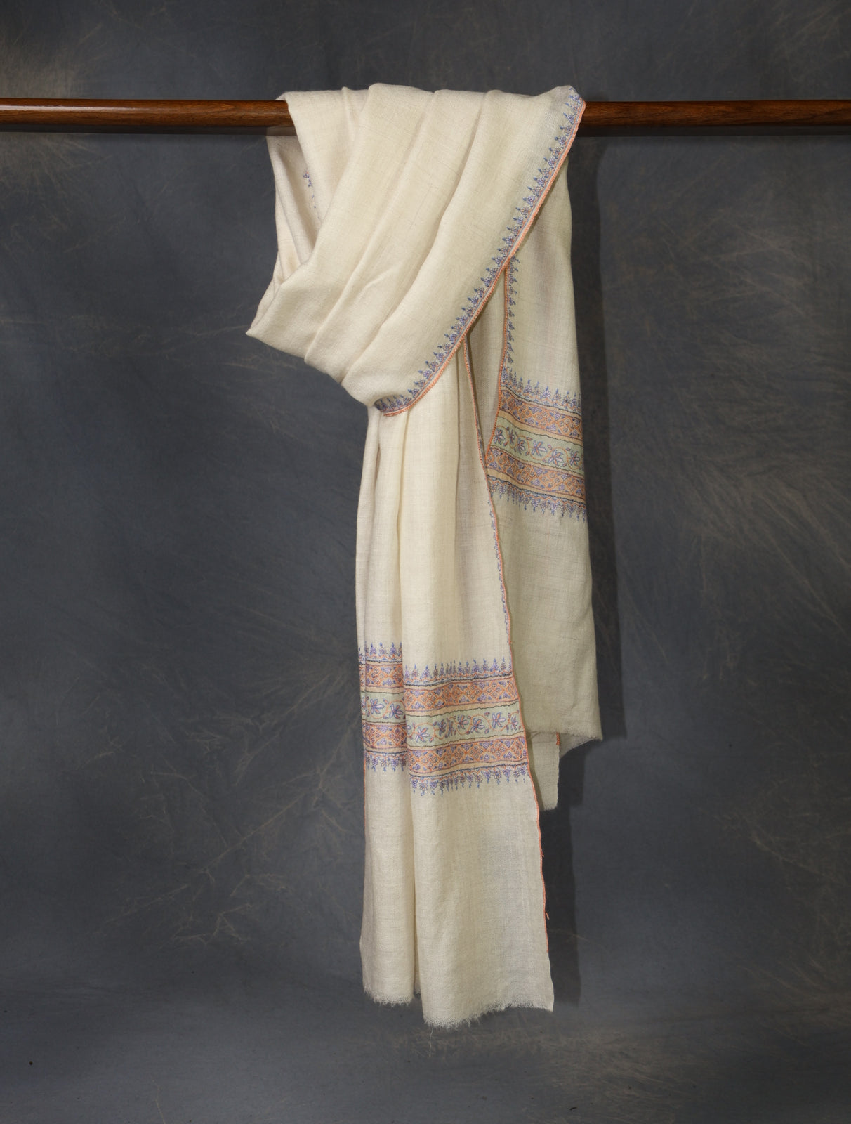 Ivory With Striped Motif Border Embroidery Cashmere Pashmina Scarf