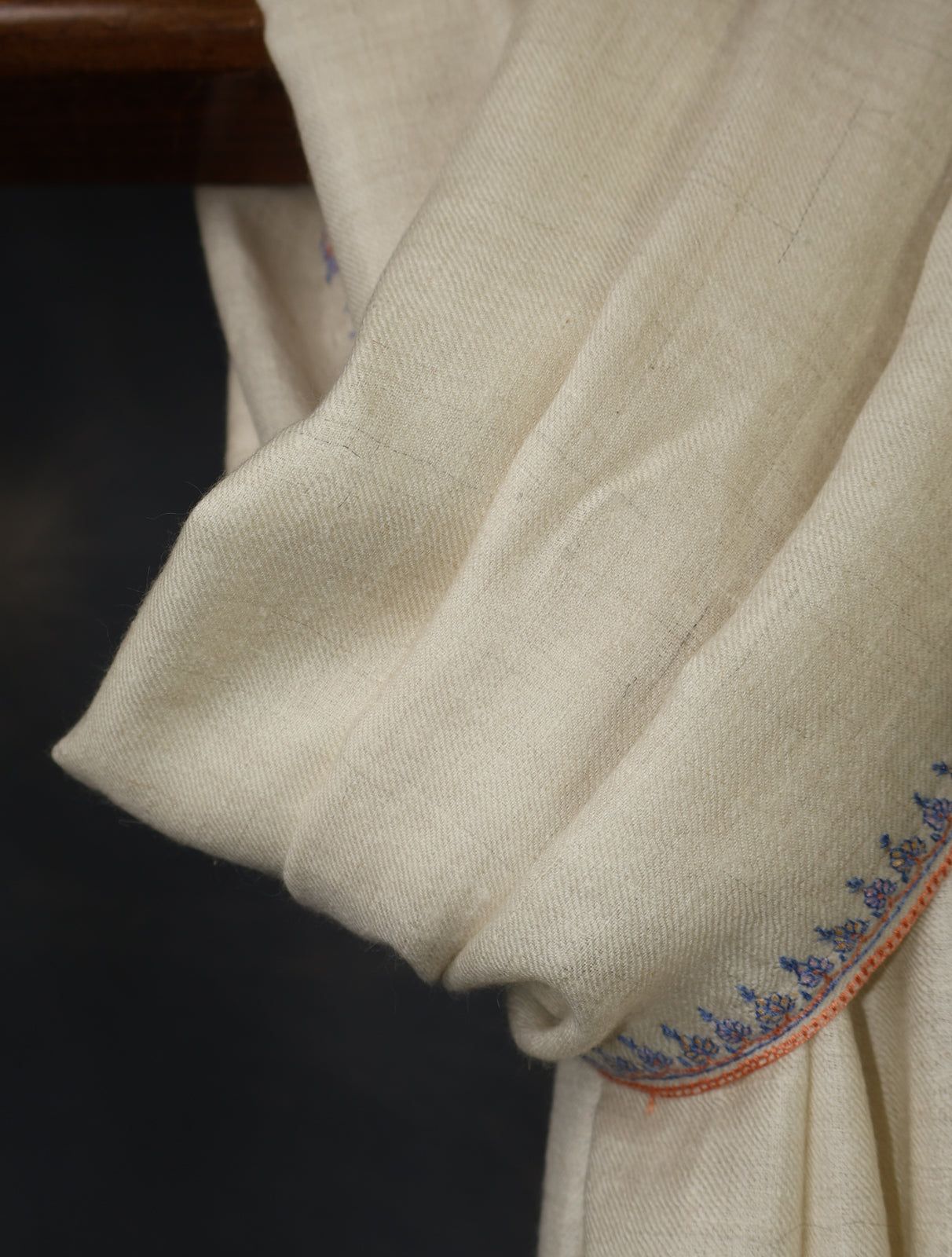 Ivory With Striped Motif Border Embroidery Cashmere Pashmina Scarf