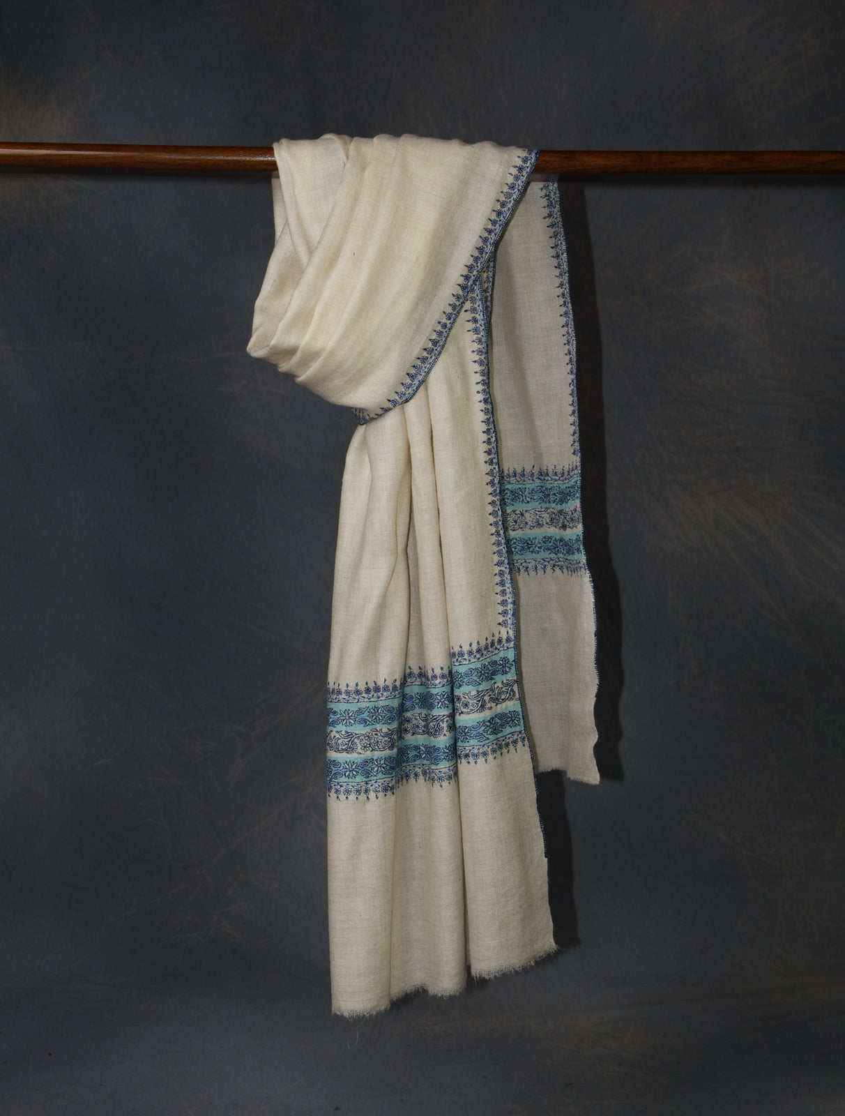 Ivory With Blue Striped And Motif Border Embroidery Cashmere Pashmina Scarf