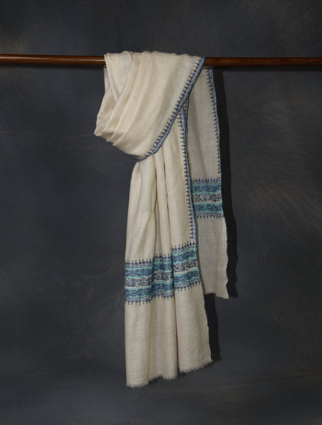 Ivory With Blue Striped And Motif Border Embroidery Cashmere Pashmina Scarf