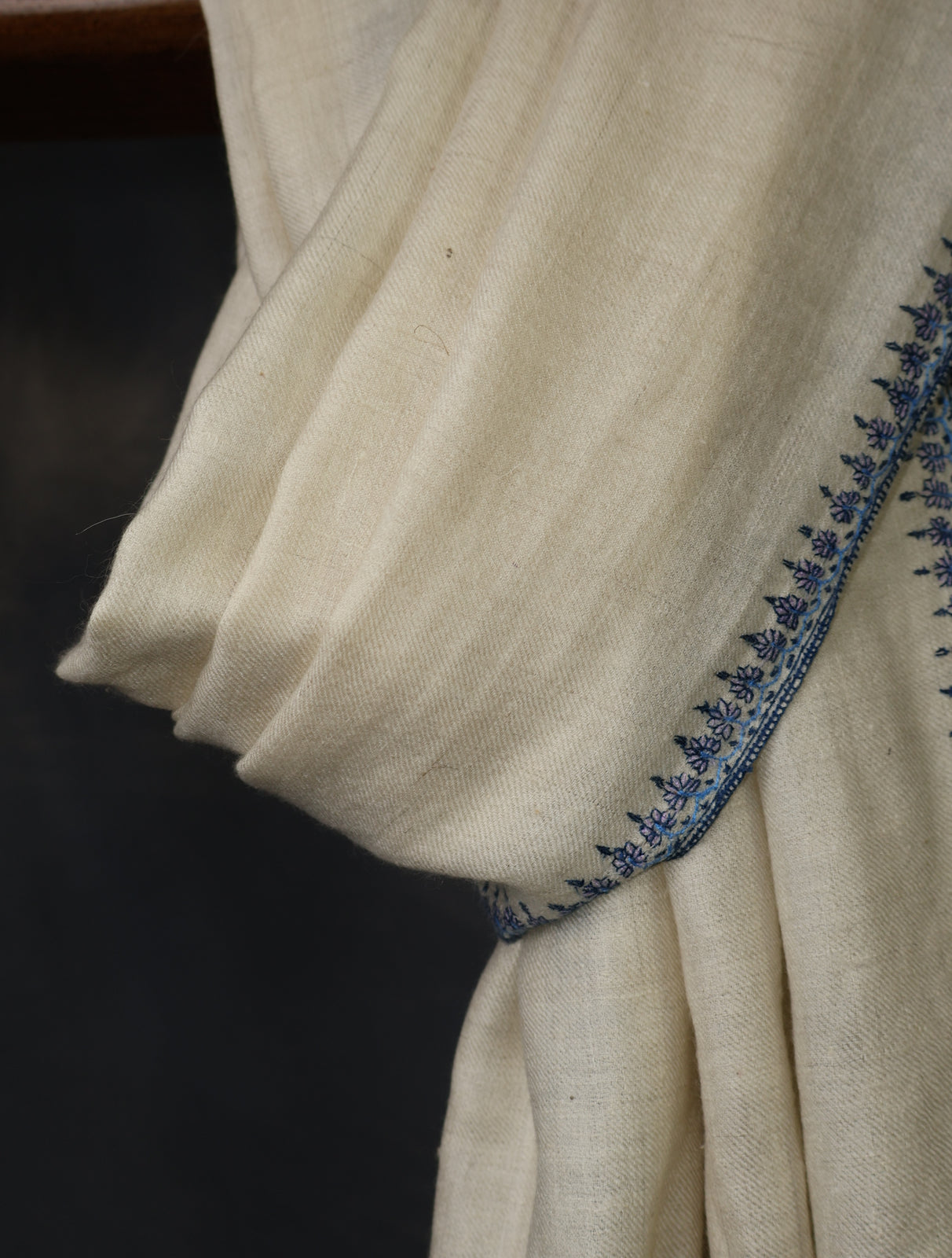 Ivory With Blue Striped And Motif Border Embroidery Cashmere Pashmina Scarf