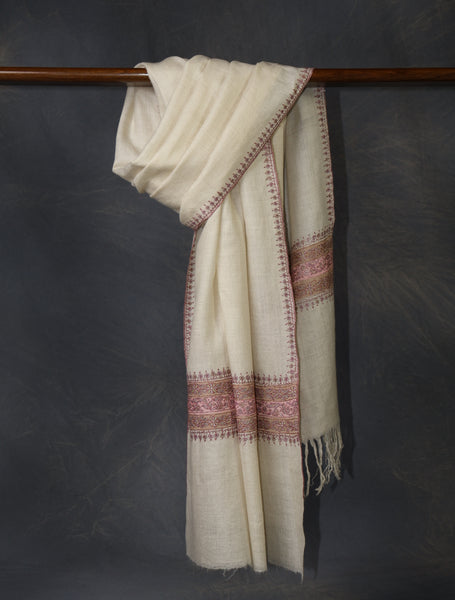 Ivory With Striped Motif Border Embroidery Cashmere Pashmina Scarf