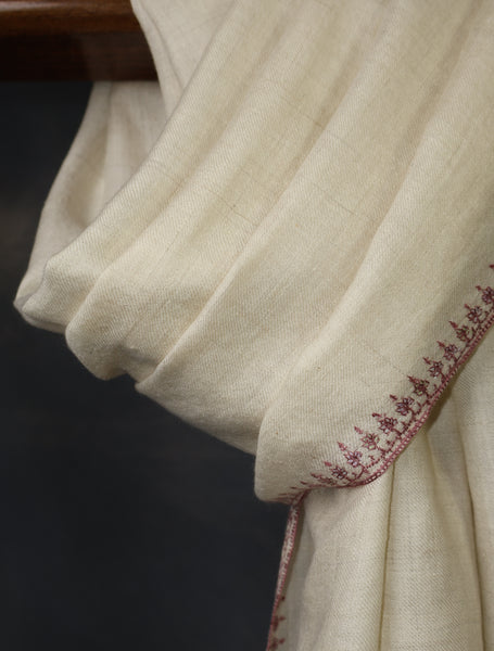 Ivory With Striped Motif Border Embroidery Cashmere Pashmina Scarf