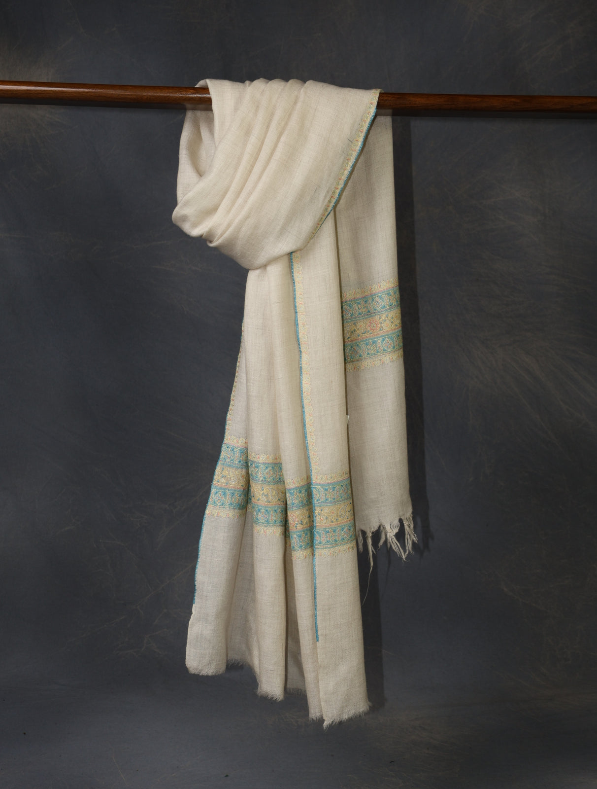 Ivory With Striped Motif Border Embroidery Cashmere Pashmina Scarf