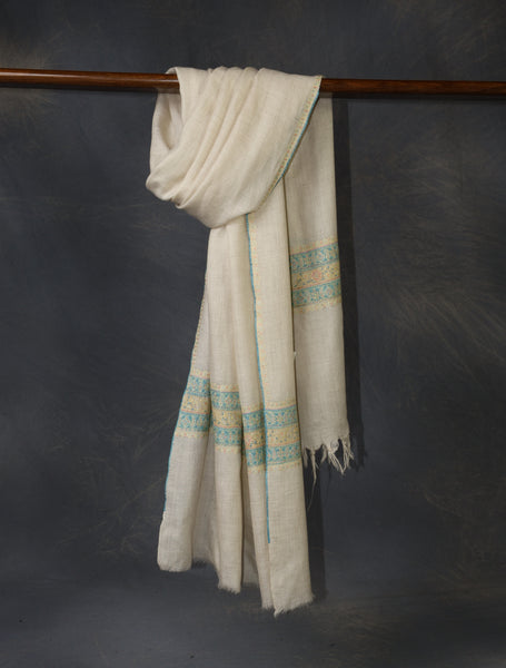 Ivory With Striped Motif Border Embroidery Cashmere Pashmina Scarf