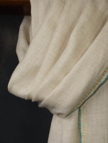 Ivory With Striped Motif Border Embroidery Cashmere Pashmina Scarf