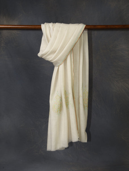 Ivory With Green Big Buteh Border Embroidery Cashmere Pashmina Scarf
