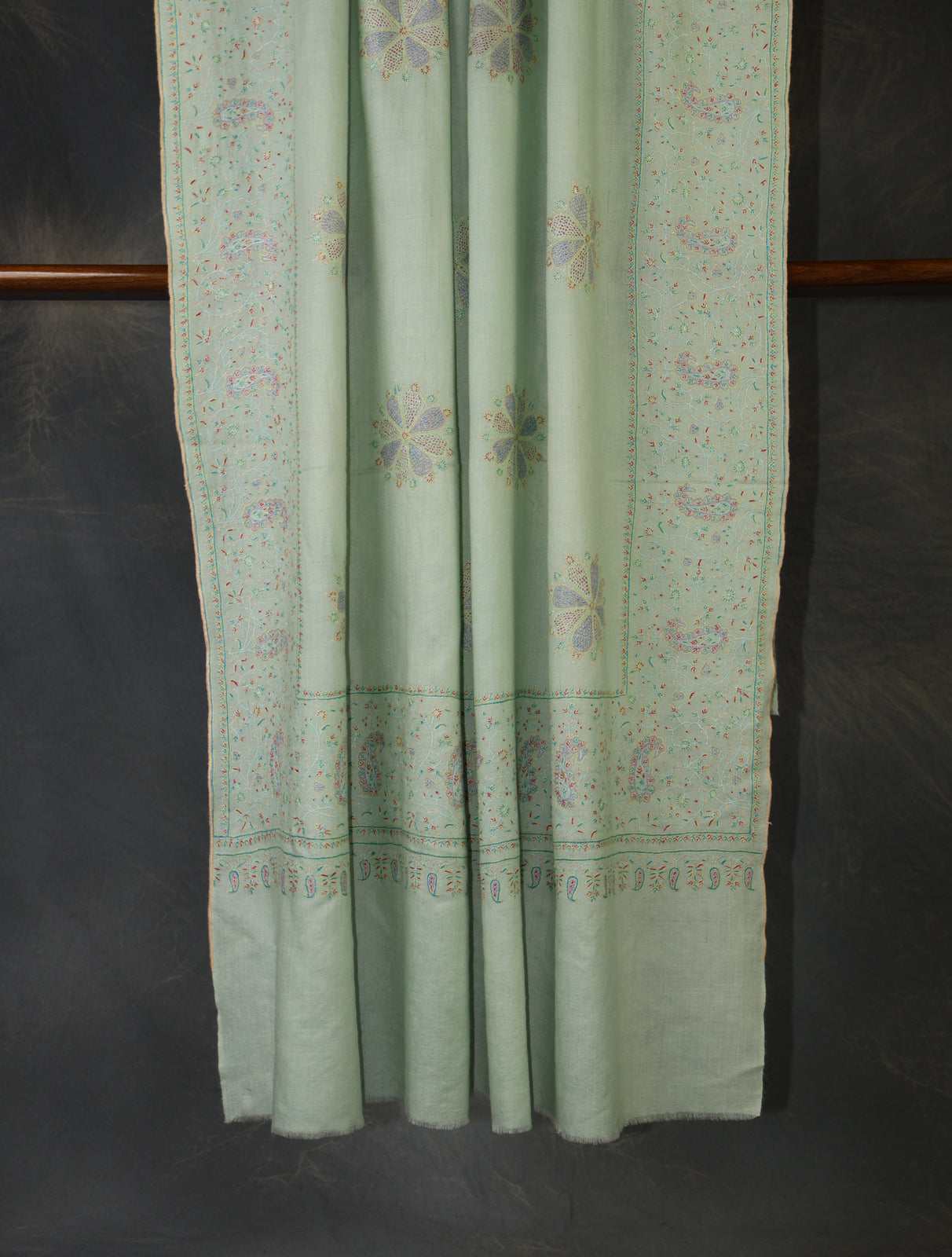 Light Pastel Green Boteh Motifs Embroidery Cashmere Pashmina Shawl
