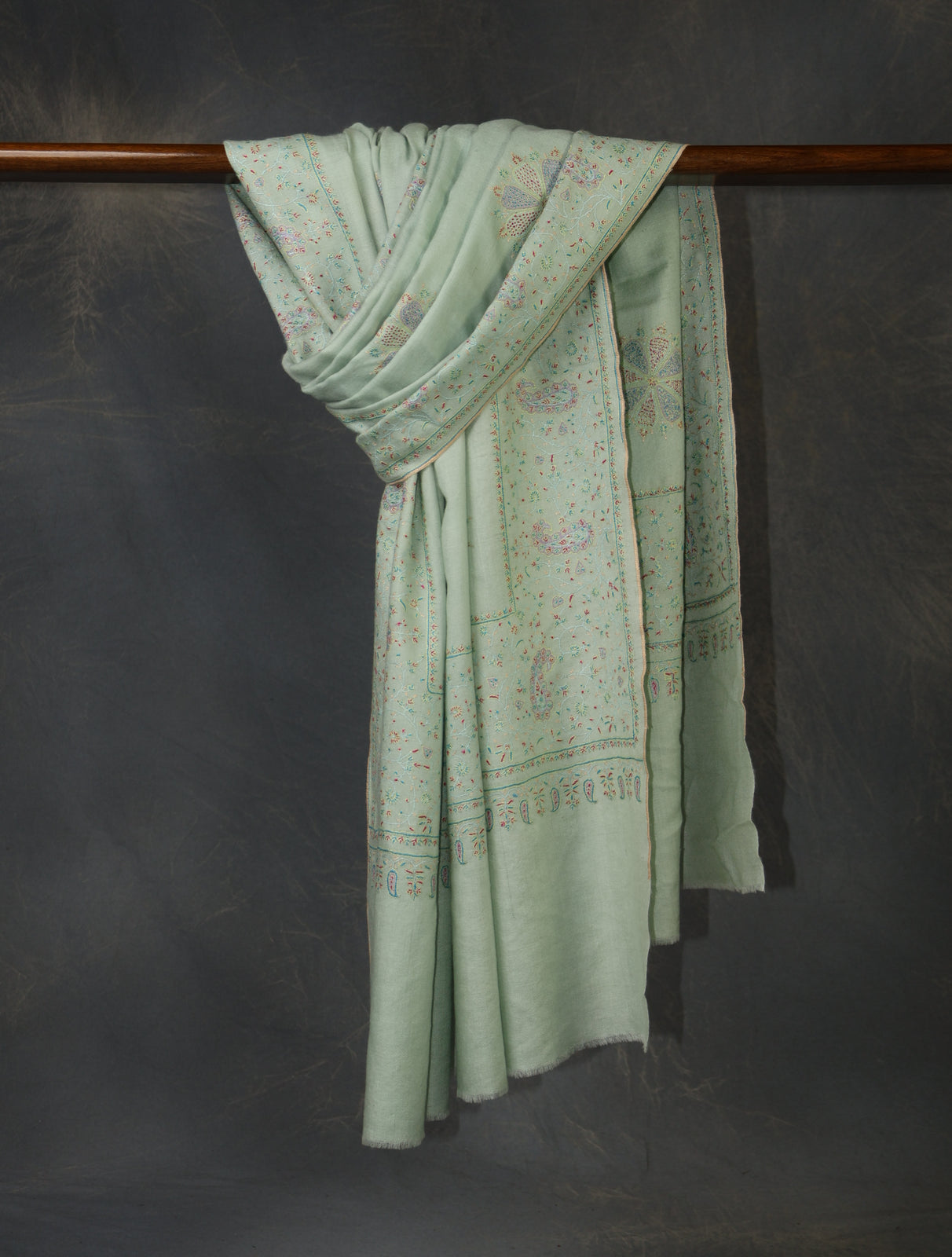 Light Pastel Green Boteh Motifs Embroidery Cashmere Pashmina Shawl