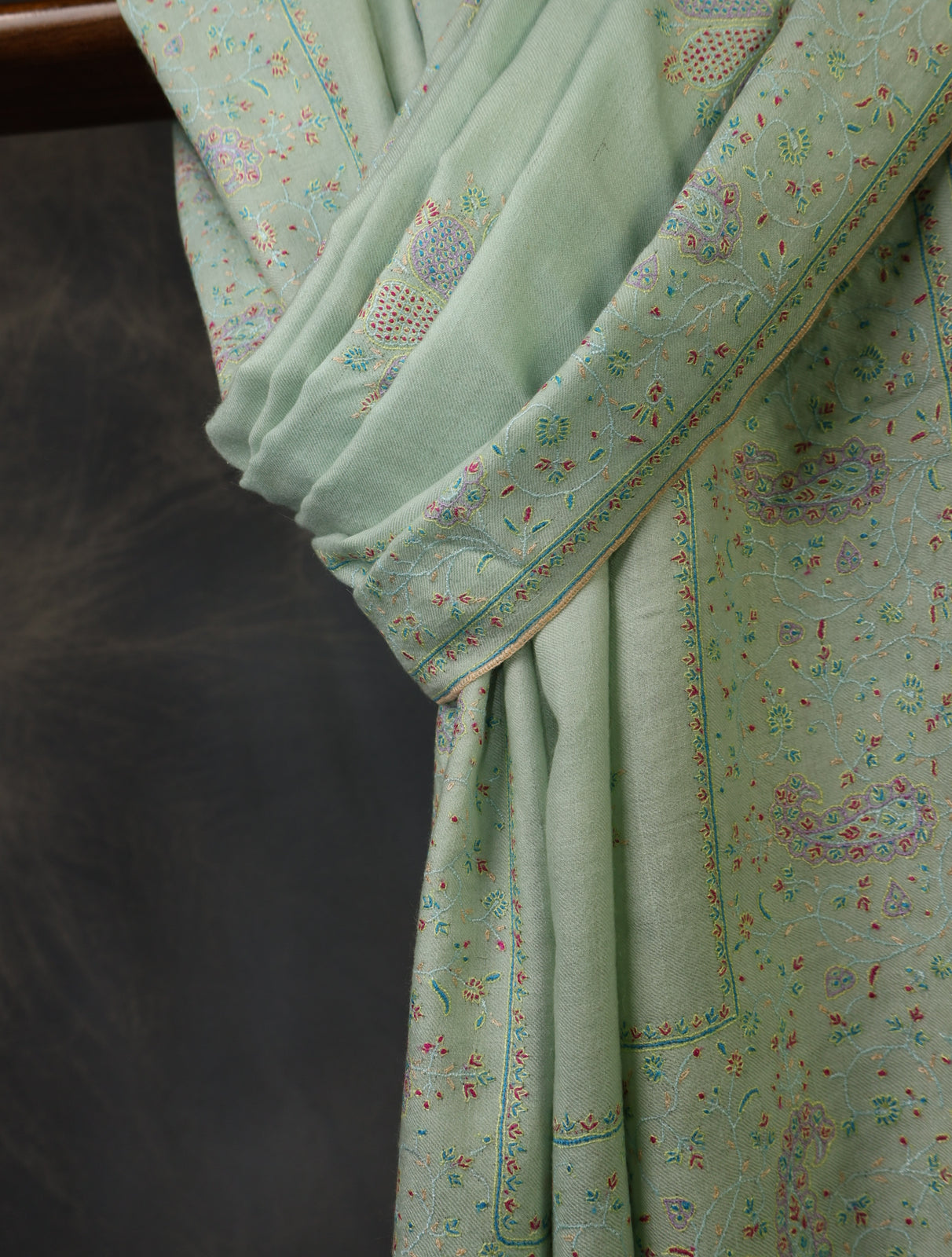 Light Pastel Green Boteh Motifs Embroidery Cashmere Pashmina Shawl