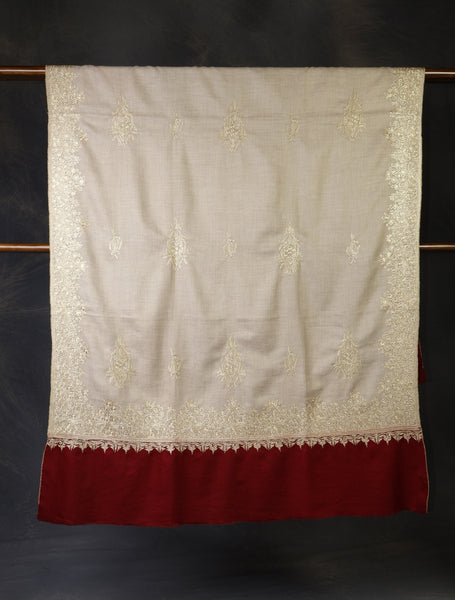 Natural Base With Maroon Border And Tilla Embroidery Pashmina Shawl