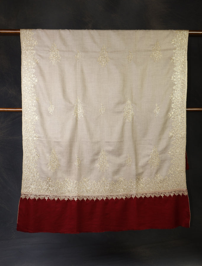 Natural Base With Maroon Border And Tilla Embroidery Pashmina Shawl