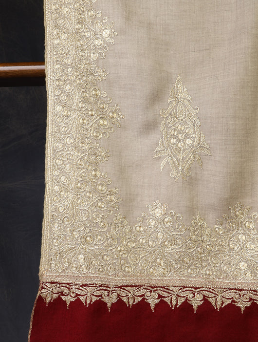 Natural Base With Maroon Border And Tilla Embroidery Pashmina Shawl