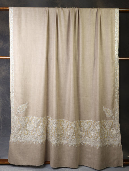 3 Yard Natural Base With Golden and Silver Tilla Embroidery Pashmina Shawl