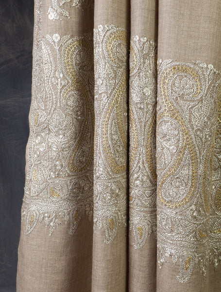 3 Yard Natural Base With Golden and Silver Tilla Embroidery Pashmina Shawl
