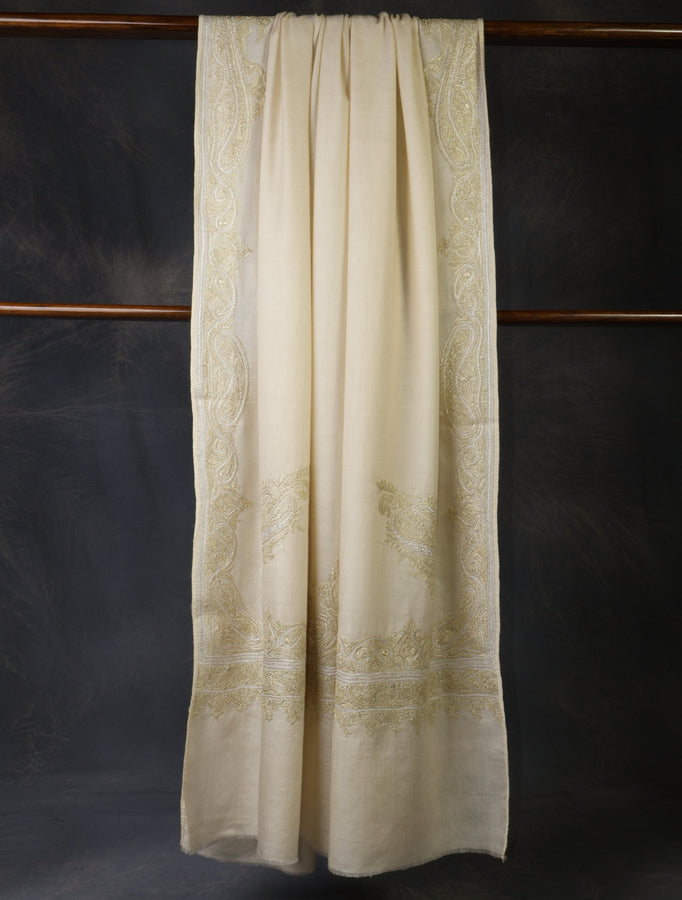 3 Yard Ivory Base With Tilla Embroidery Pashmina Shawl