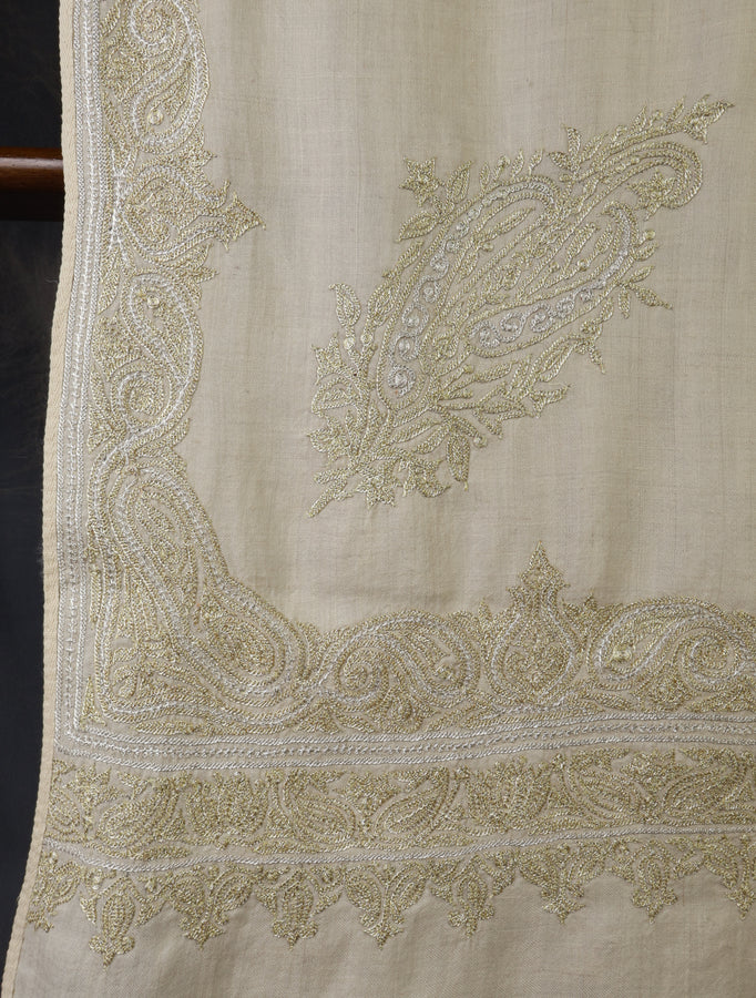 3 Yard Ivory Base With Tilla Embroidery Pashmina Shawl