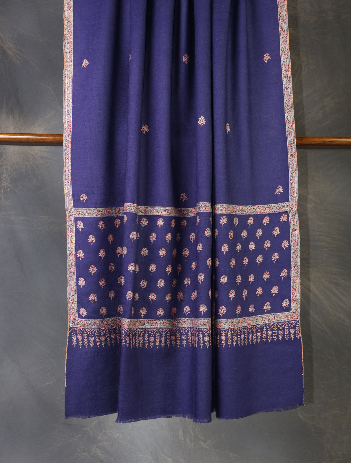 Blue Base Big Border and Buteh Embroidery Cashmere Pashmina Shawl