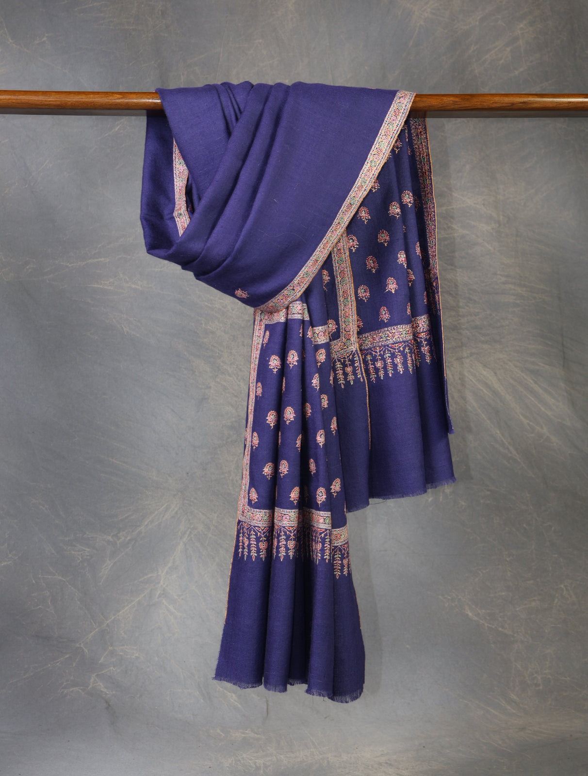 Blue Base Big Border and Buteh Embroidery Cashmere Pashmina Shawl