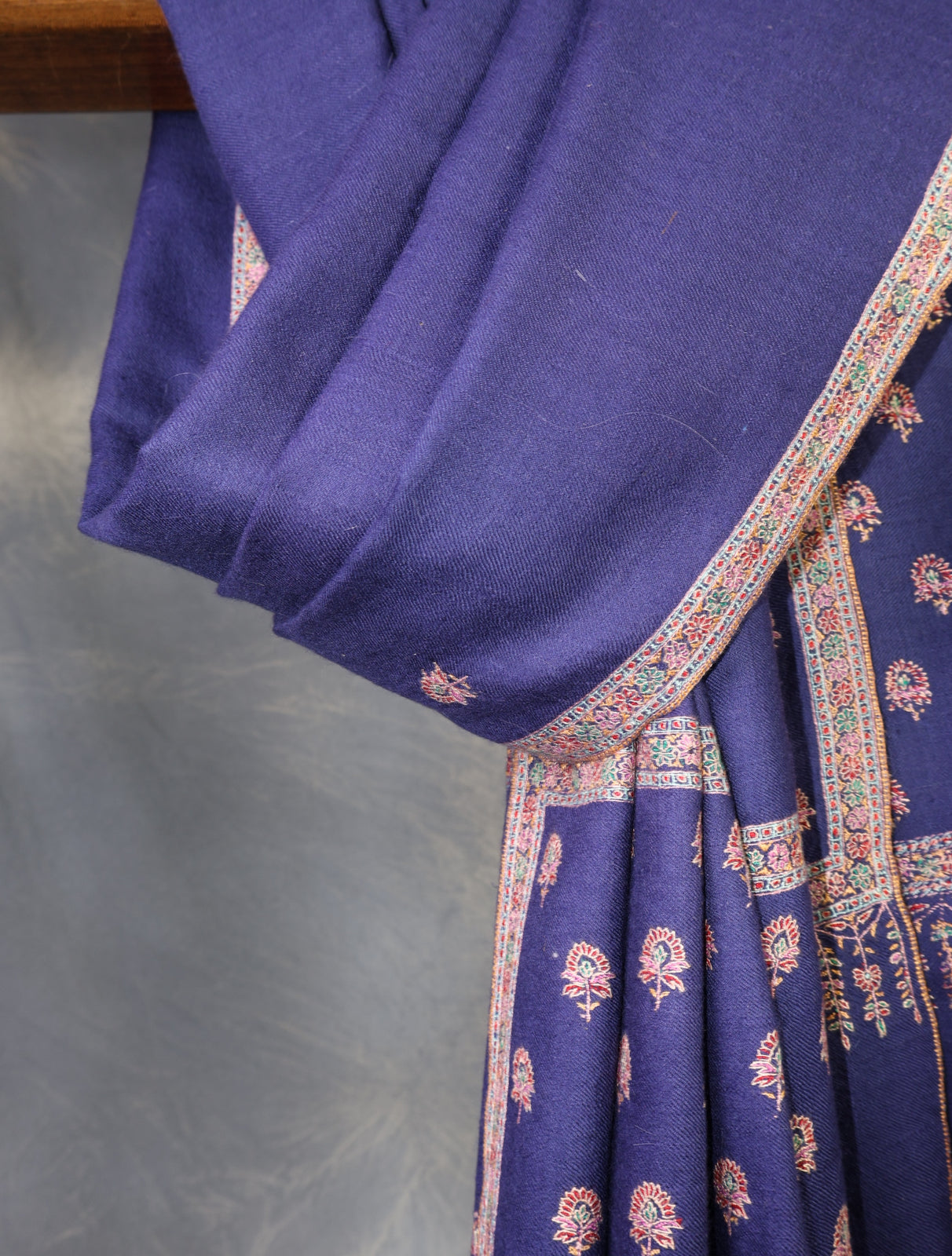 Blue Base Big Border and Buteh Embroidery Cashmere Pashmina Shawl