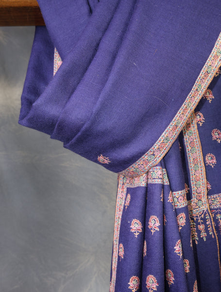 Blue Base Big Border and Buteh Embroidery Cashmere Pashmina Shawl