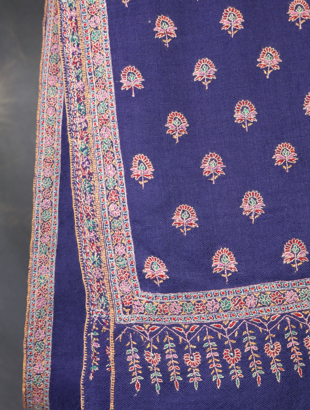 Blue Base Big Border and Buteh Embroidery Cashmere Pashmina Shawl