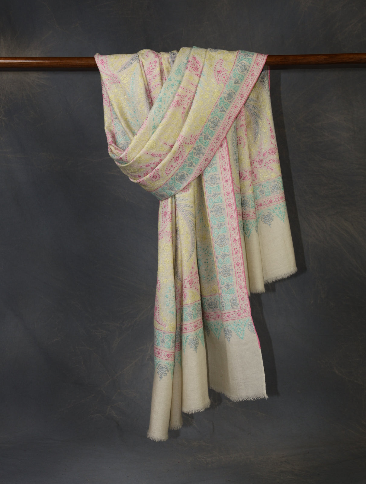 Ivory Multi Color Jamawar Embroidery Cashmere Pashmina Shawl