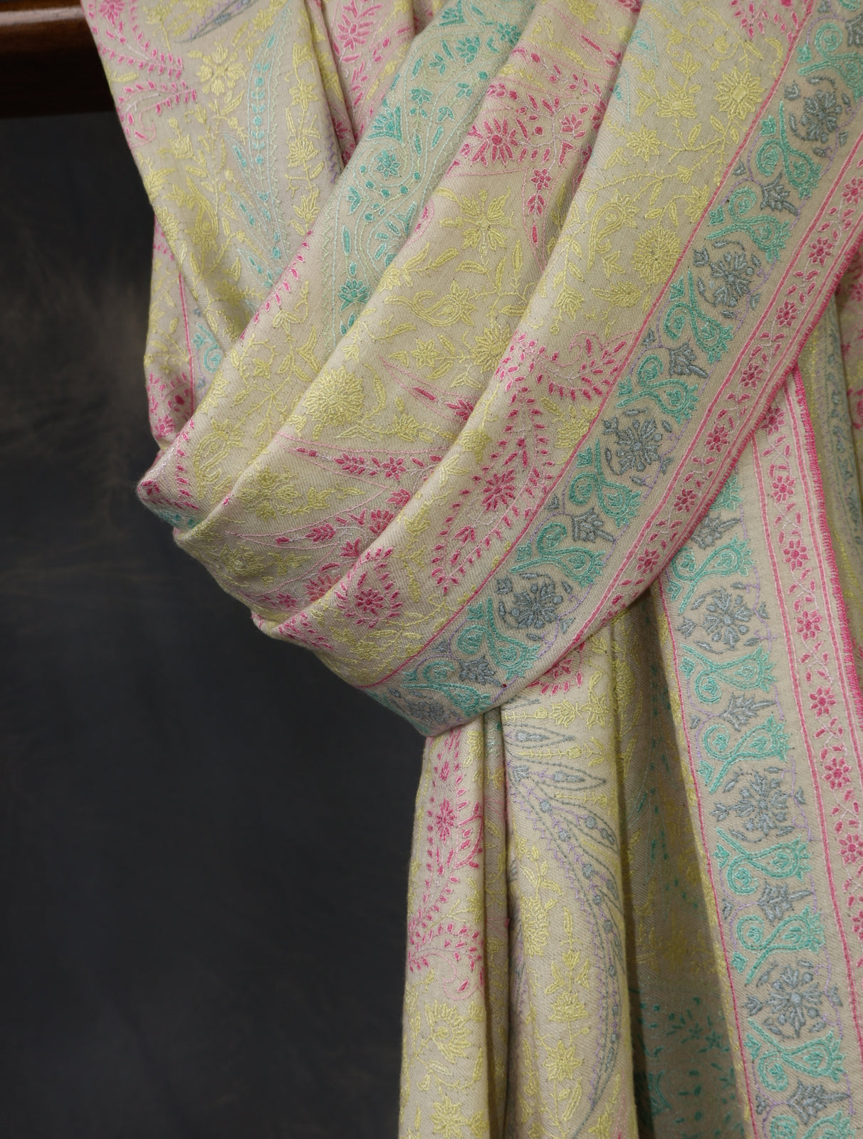 Ivory Multi Color Jamawar Embroidery Cashmere Pashmina Shawl