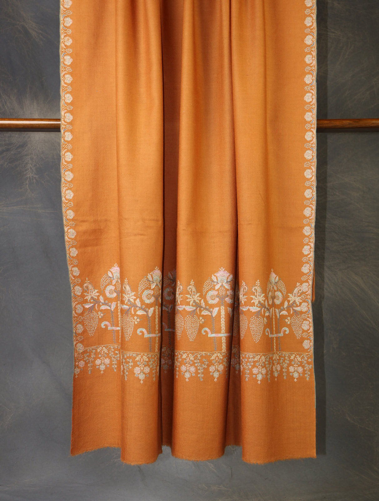 Rust Orange Big Motif Border Embroidery Cashmere Pashmina Shawl