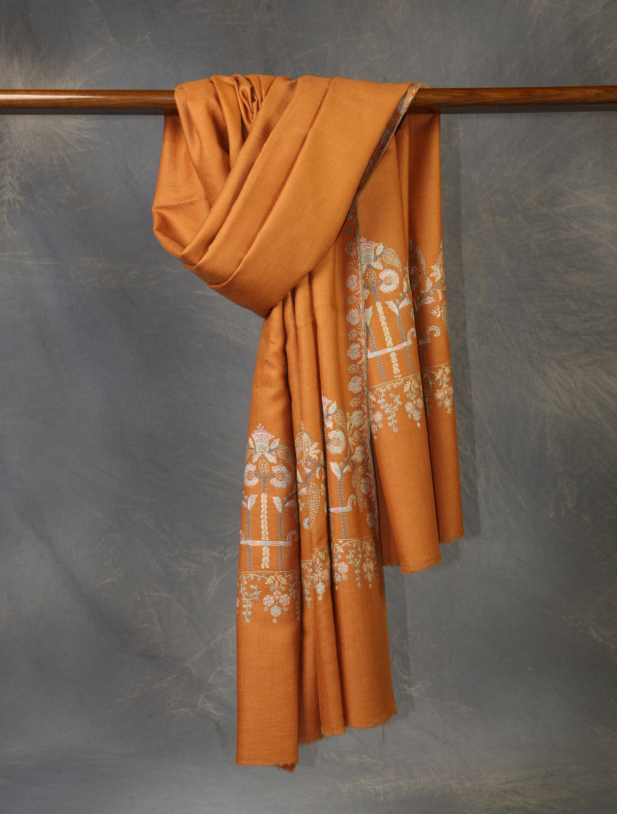 Rust Orange Big Motif Border Embroidery Cashmere Pashmina Shawl