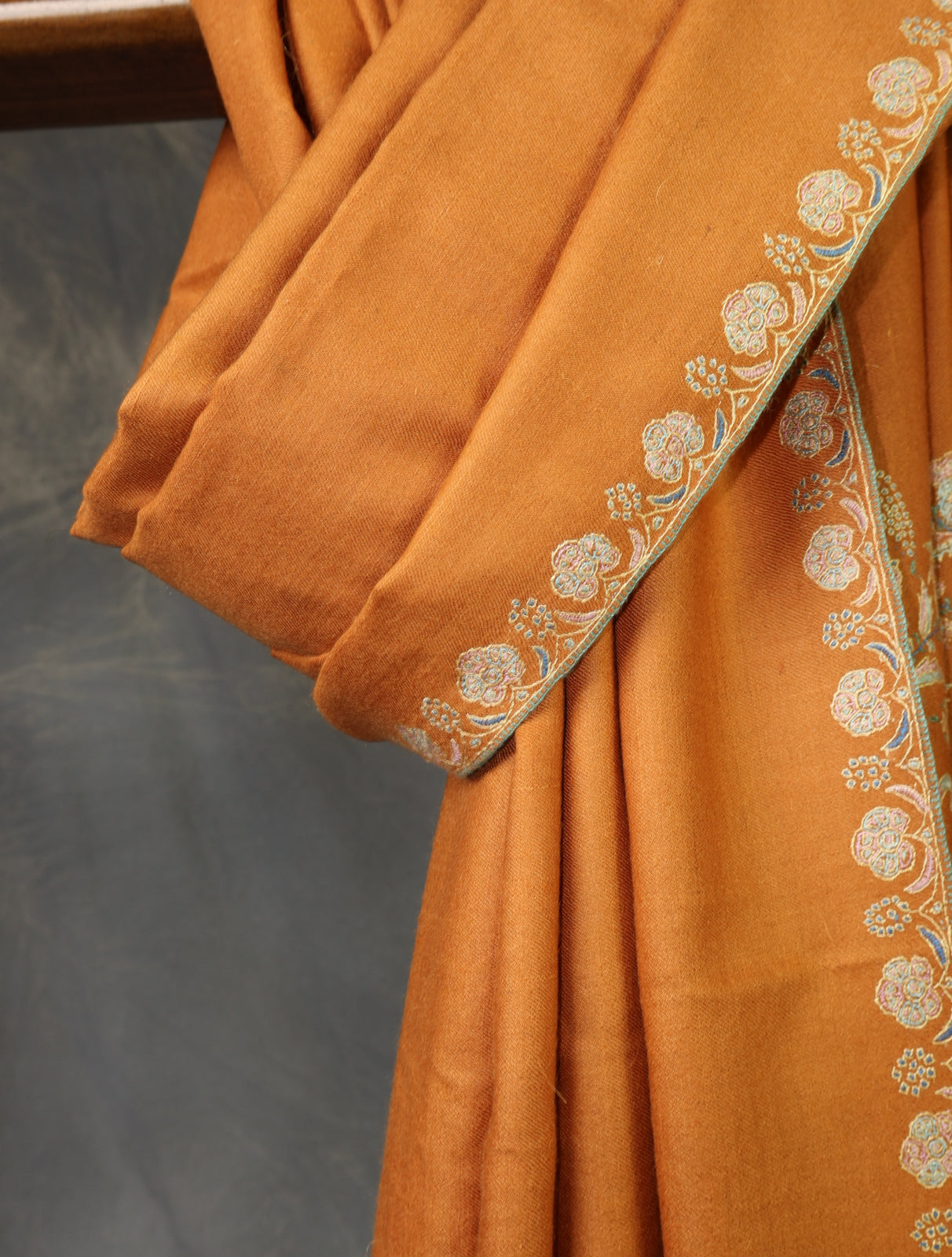 Rust Orange Big Motif Border Embroidery Cashmere Pashmina Shawl