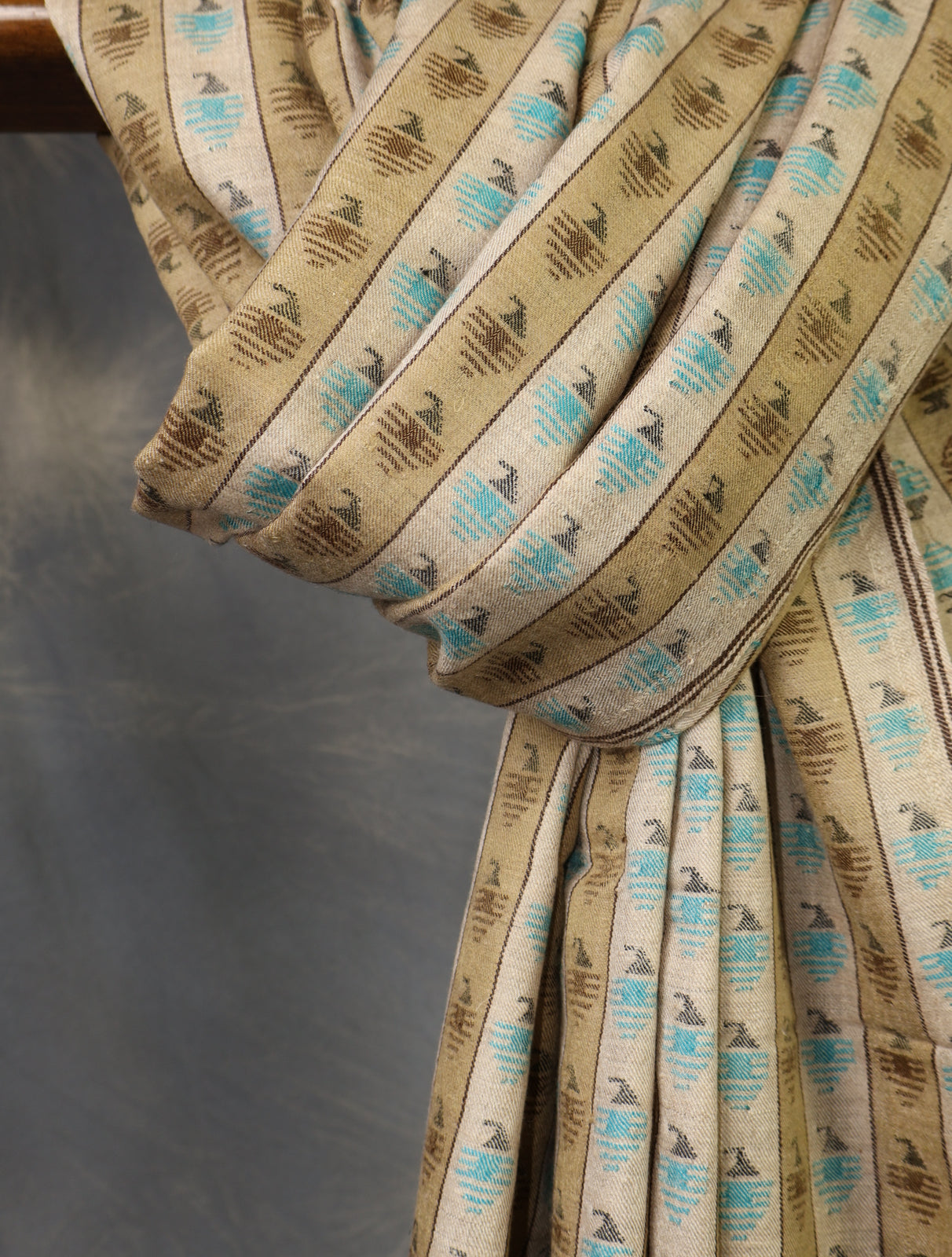 Natural & White Stripe Pashmina Kani Shawl