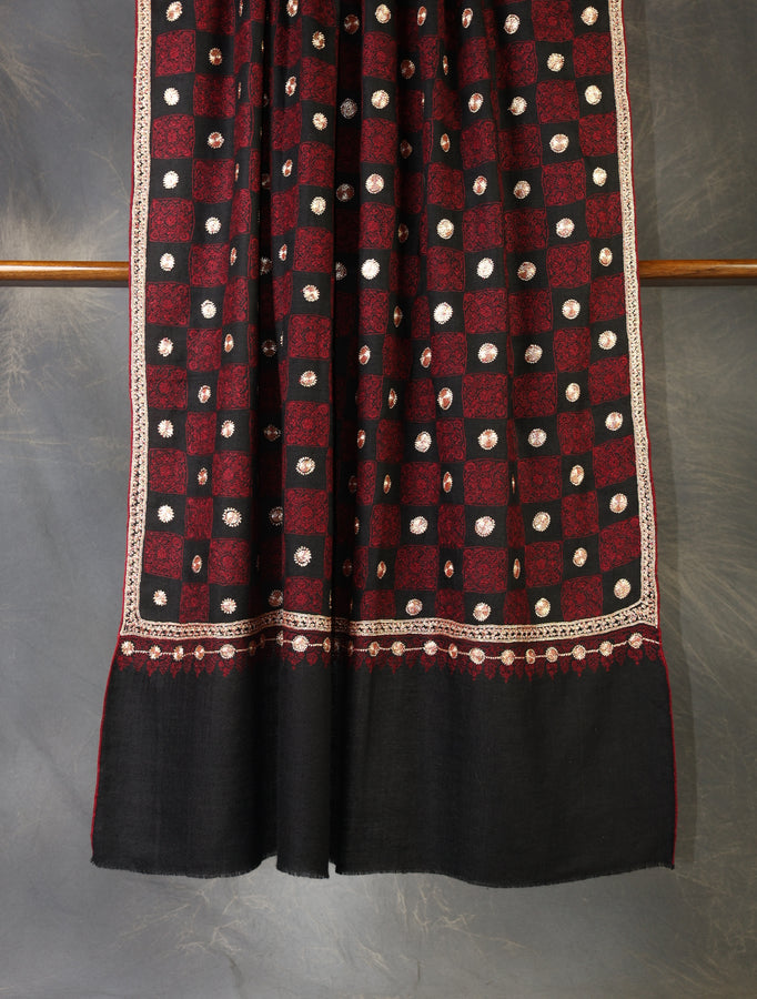 Maroon and Black Check Tilla Embroidery Pashmina Shawl