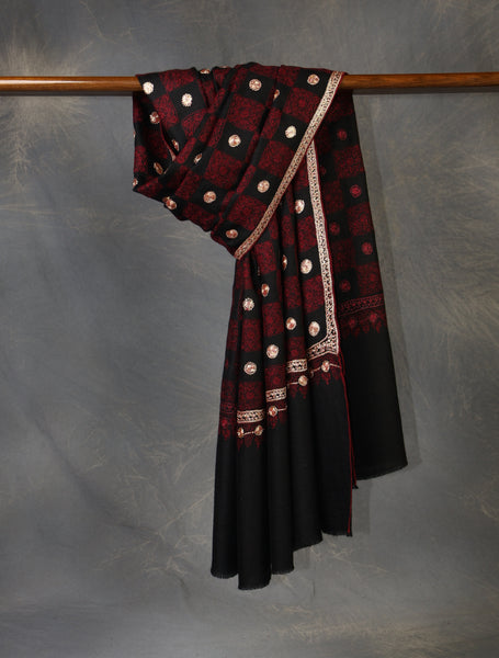 Maroon and Black Check Tilla Embroidery Pashmina Shawl