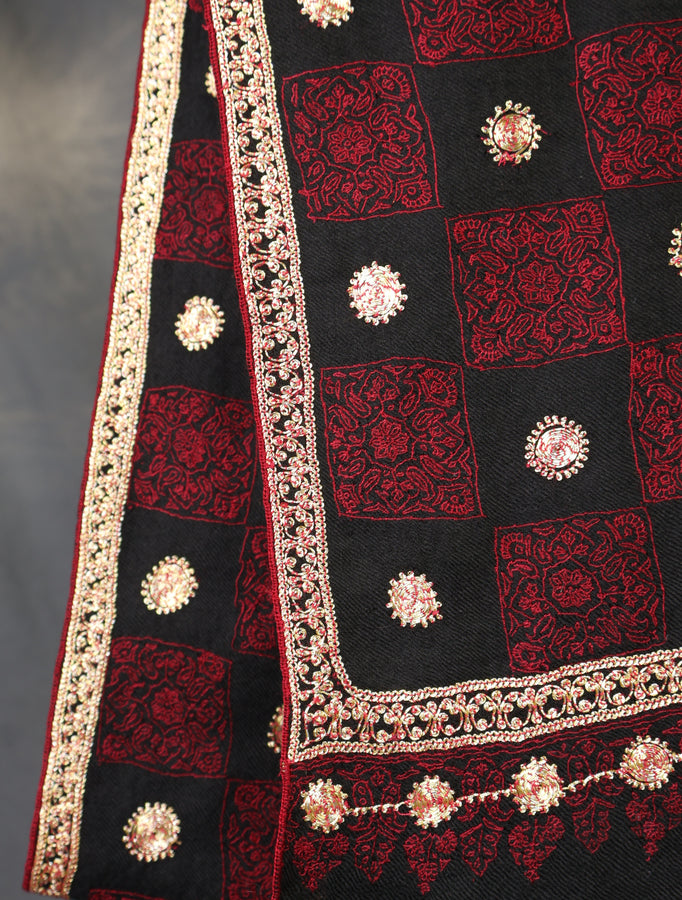 Maroon and Black Check Tilla Embroidery Pashmina Shawl