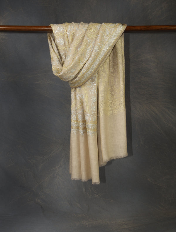 Ivory Base Gold & Silver Tilla Embroidery Pashmina Shawl — Tilla gold embroidery pashmina shawl from Kashmir