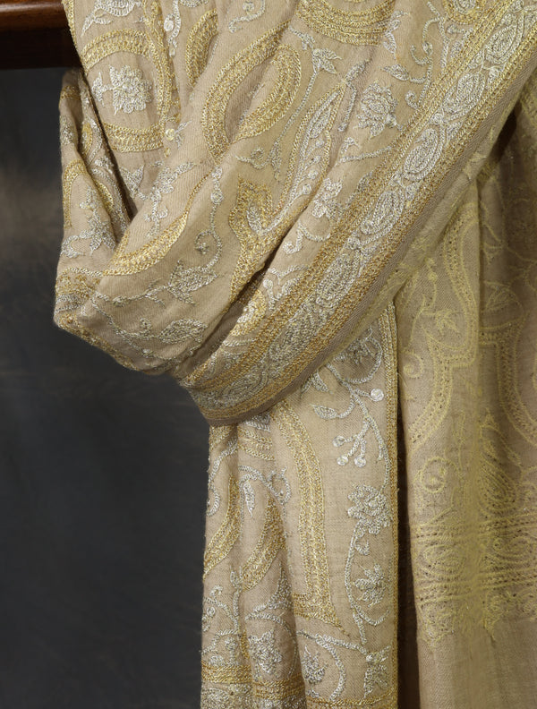 Ivory Base Gold & Silver Tilla Embroidery Pashmina Shawl — pashmina shawl detail